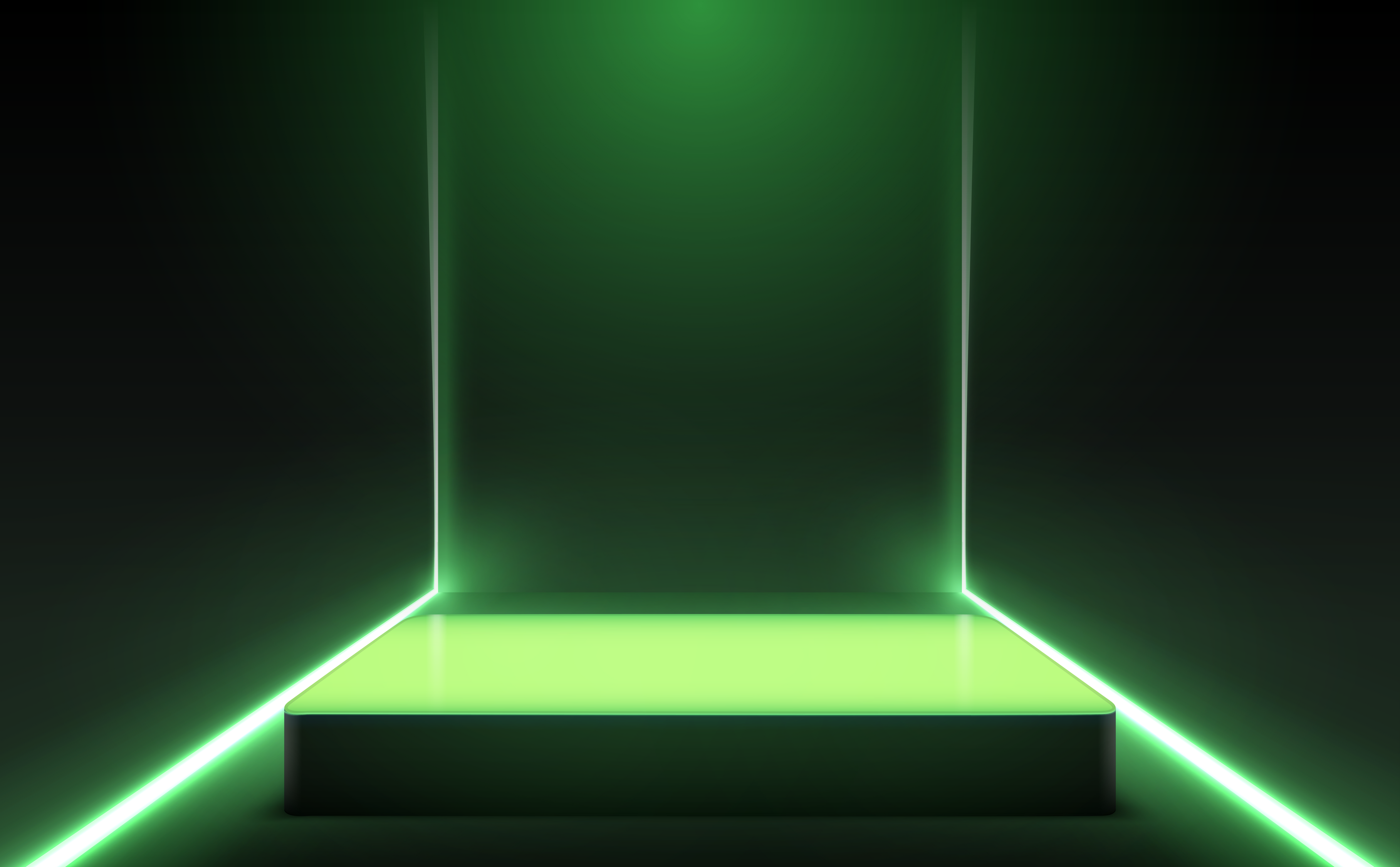 Green background concept, green podium with line neon light on green room